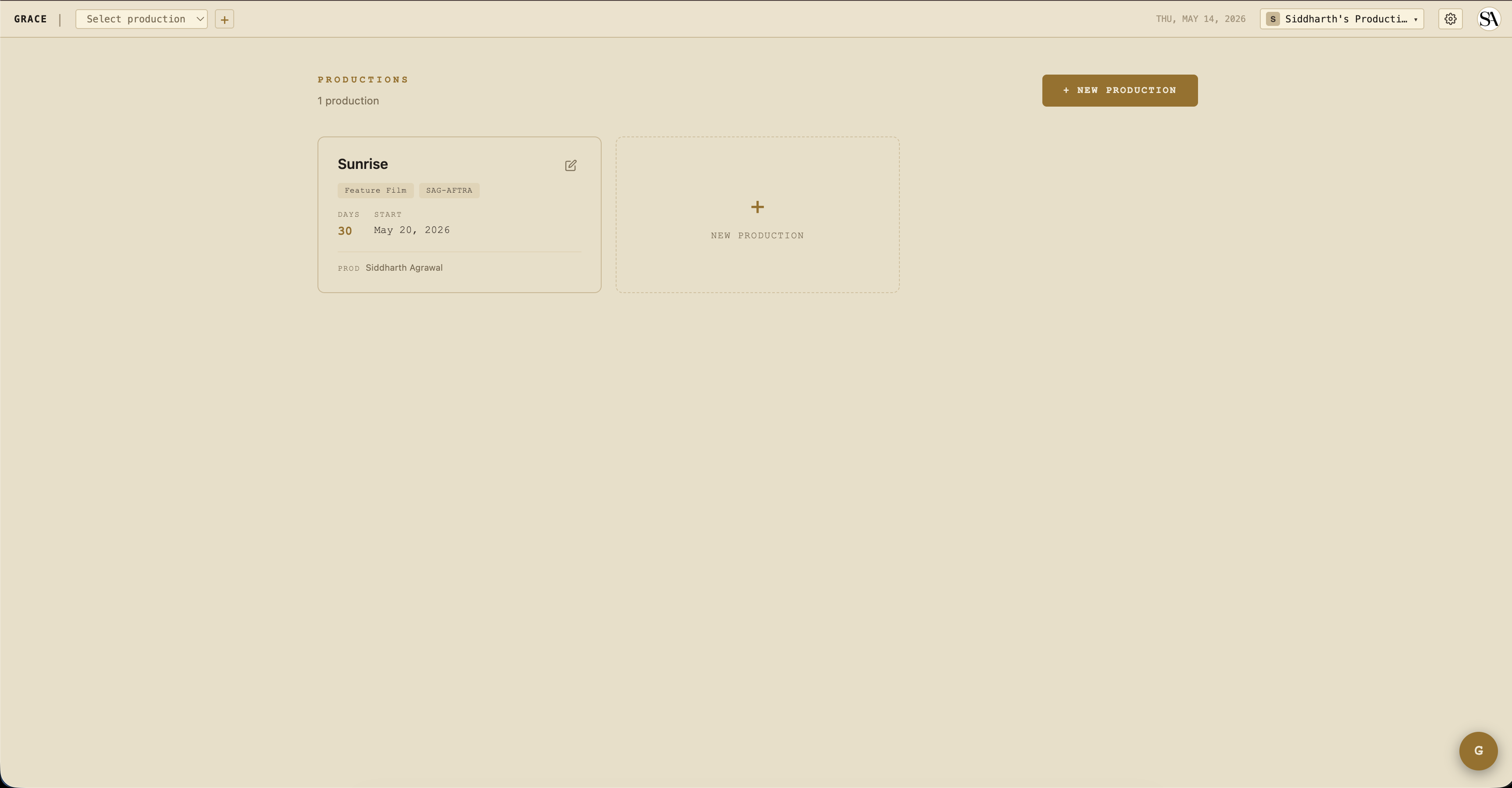 Dashboard home with production cards