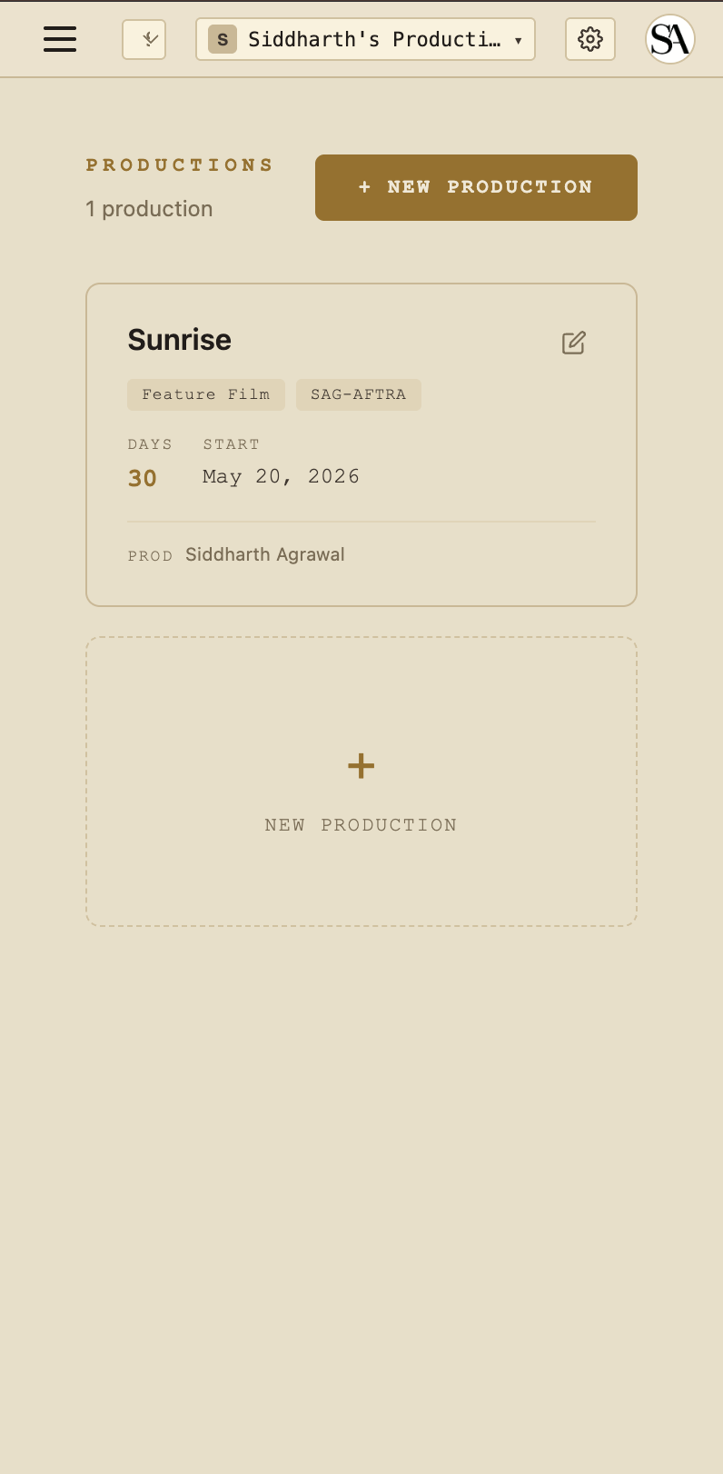 Per-production dashboard mobile