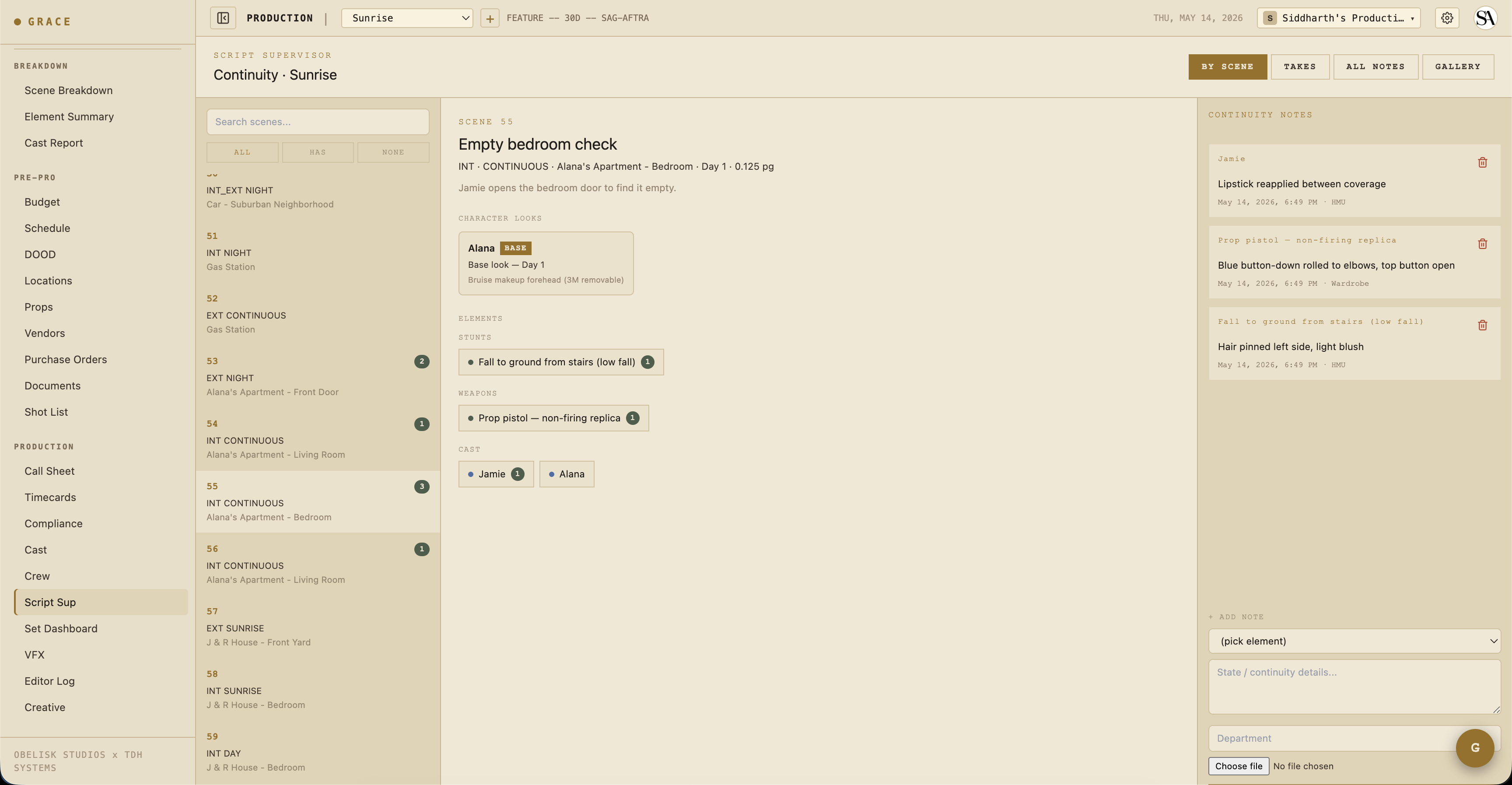 Script supervisor dashboard